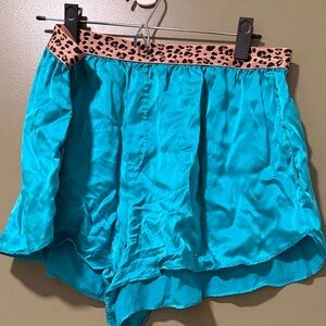 Teal Women's Shorts with Leopard Print Waistband